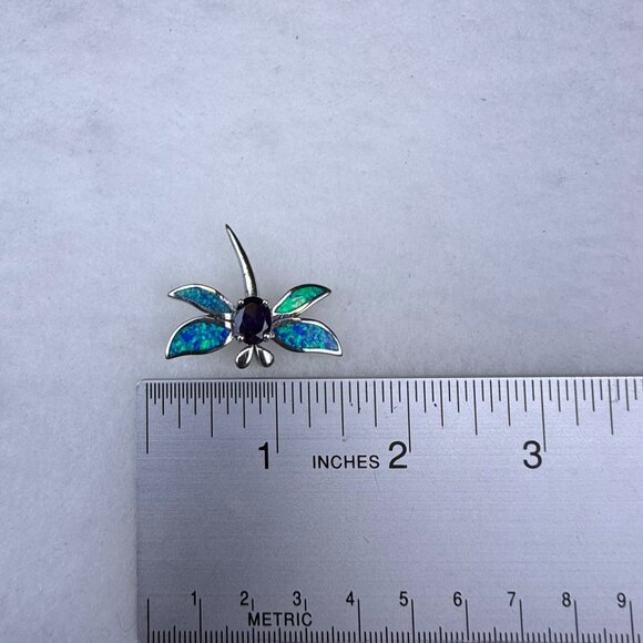 Sterling Silver Dragonfly Pin Brooch With Inlaid Blue Green Opal & Purple Stone - Picture 7 of 7